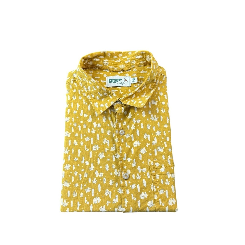 Wellen Yellow White Cactus‎ AOP Cotton Men's S/S Button Front Size Large